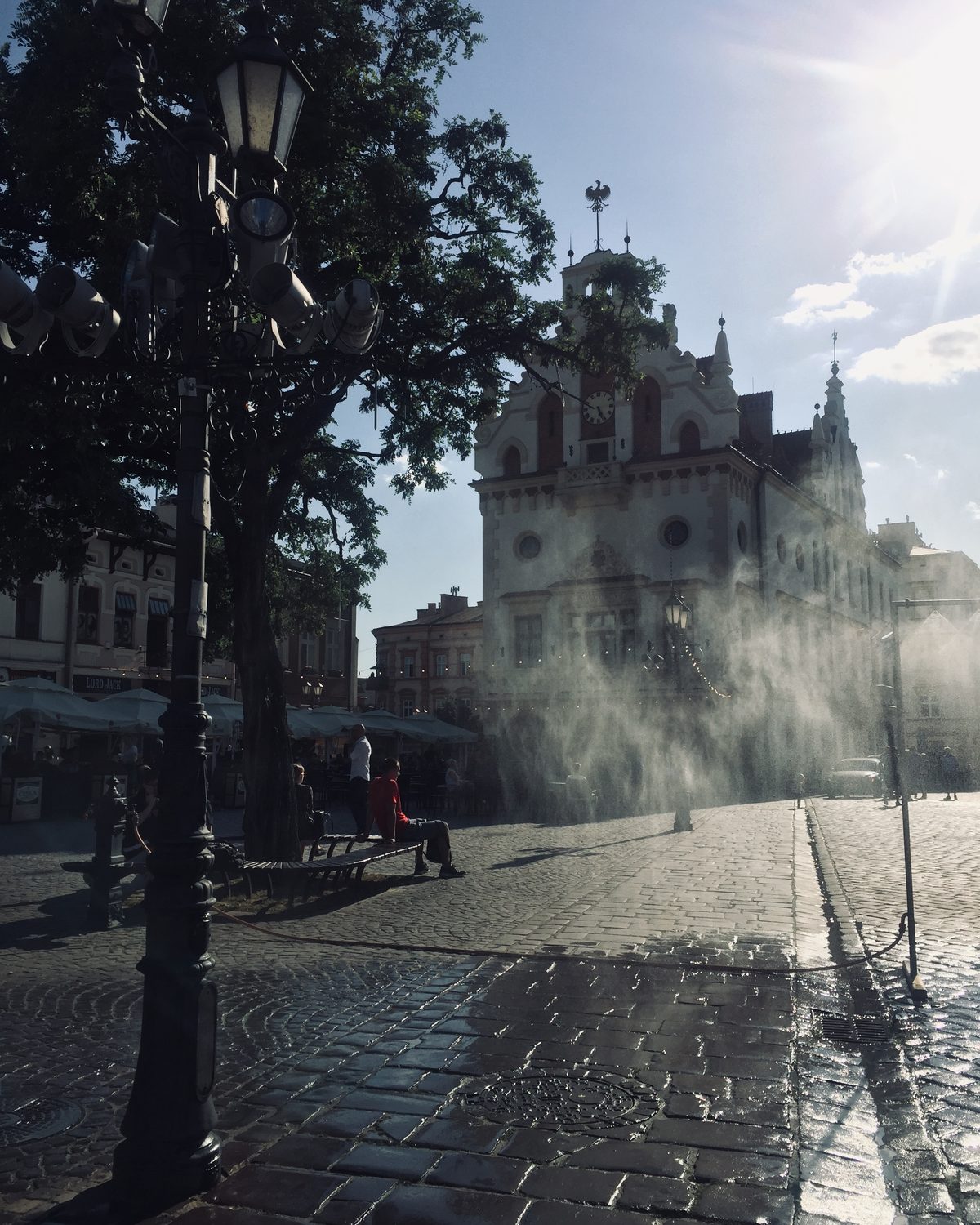 Rzeszów's market square in backlit afternoon sun, with a street lamp and the town hall behind it