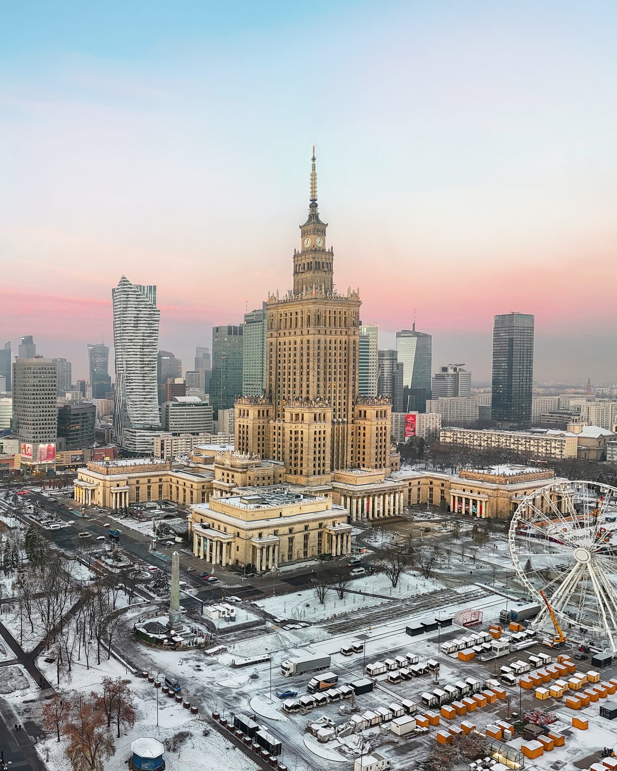 Winter sunrise aerial of central Warsaw with the Palace of Culture and Science among the skyscrapers