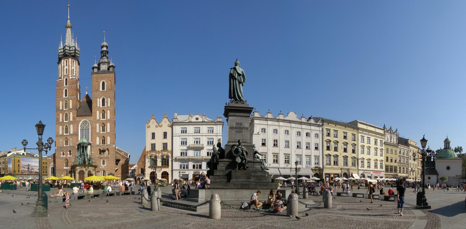 Kraków Main Market Square with St. Mary's Basilica and the Cloth Hall on a sunny summer day
