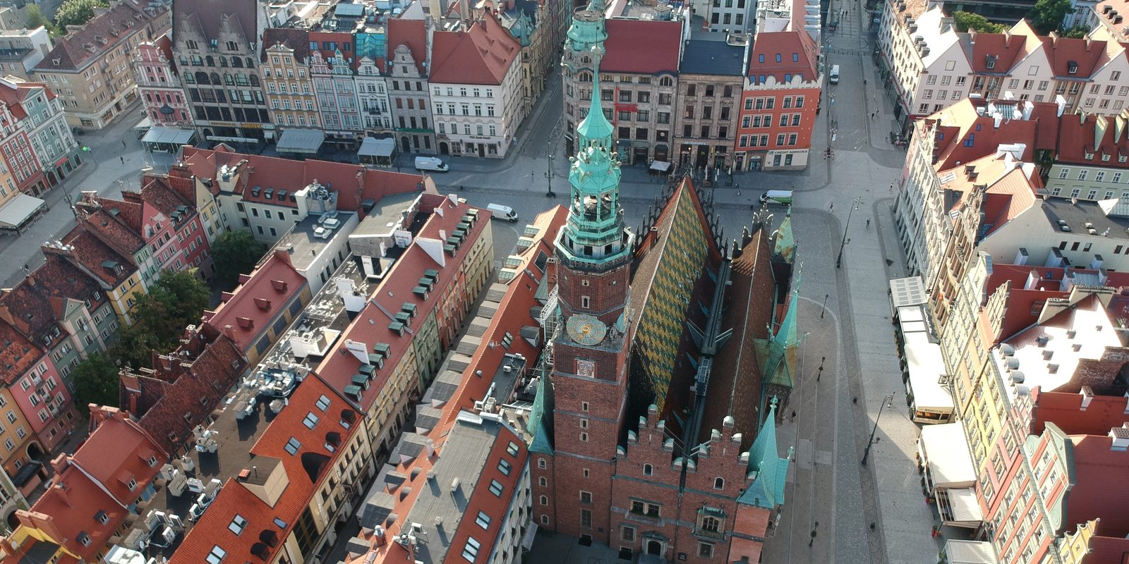 Aerial view over Wrocław's Market Square, the town hall roofs and the surrounding townhouses