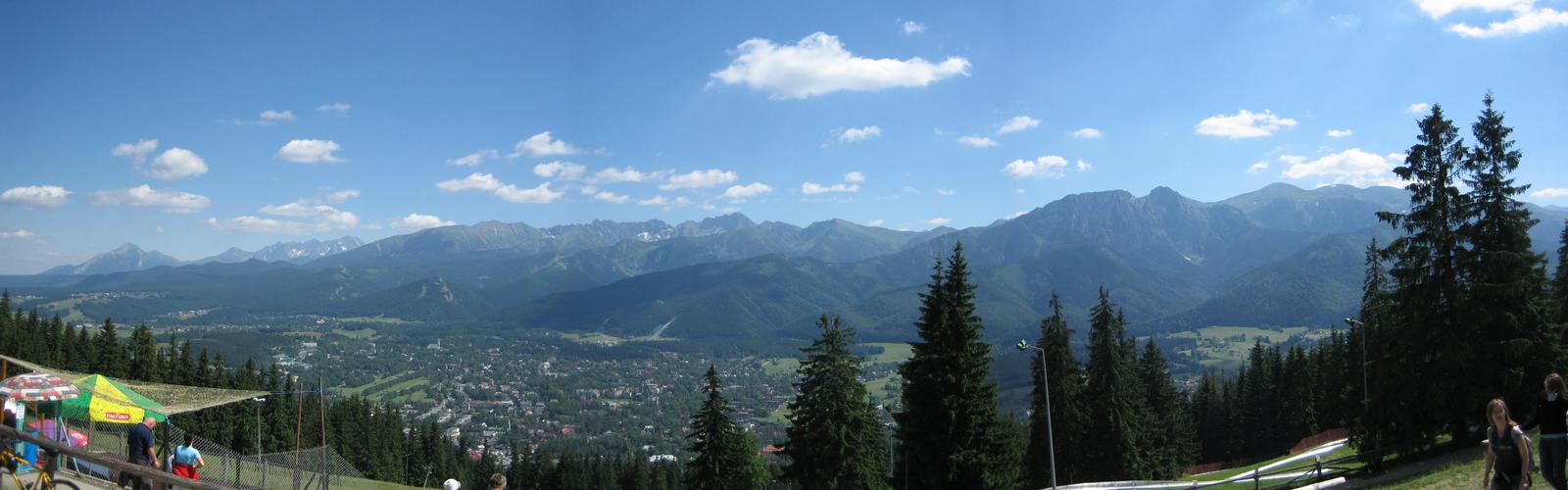 Panoramic view from Gubałówka ridge over Zakopane and the Tatra mountain range